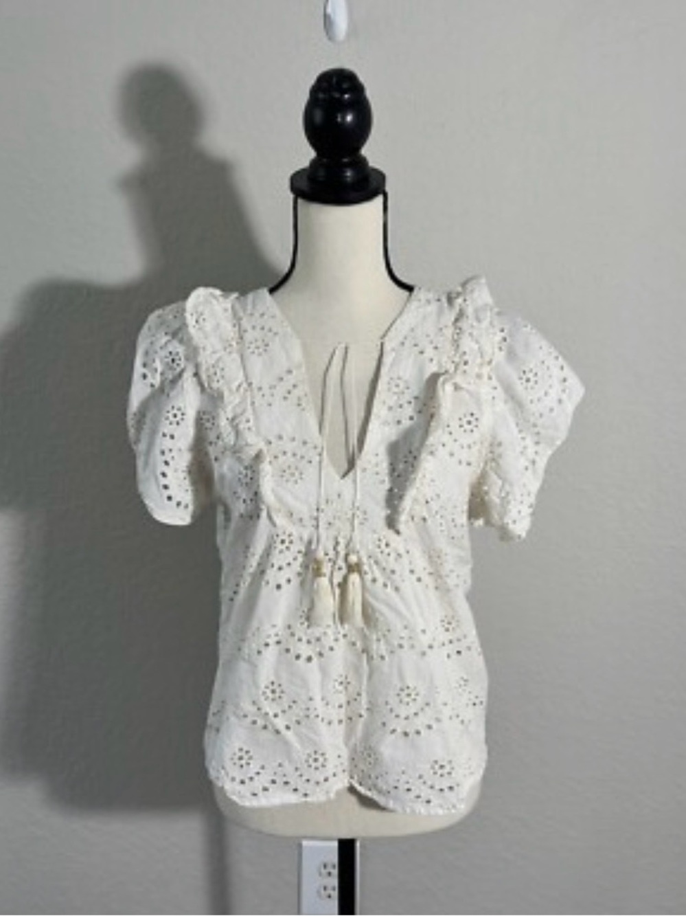 Nicole Miller White Eyelet Ruffle Tie-Front Blouse